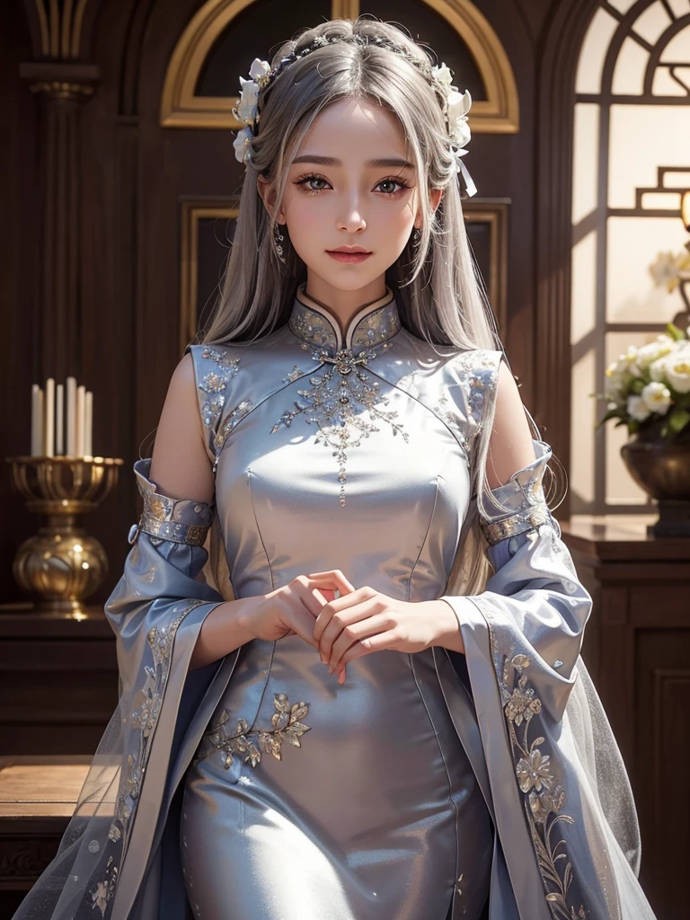 intricate detail, masterpiece, best quality, extremly detailed,cinematic lighting, beautiful detailed glow, finely detailed beautiful face and eyes, smile , long smooth shiny silky silver hair, Realistic lighting, pretty face , Body perfect anatomy,Top Quality, 8K Resolution , full body , High quality, realistic , Cinematic, Aesthetic, beautiful girl , qi pao dress , symmetrical face , flower background
