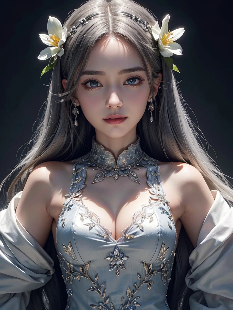intricate detail, masterpiece, best quality, extremly detailed,cinematic lighting, beautiful detailed glow, finely detailed beautiful face and eyes, smile , long smooth shiny silky silver hair, Realistic lighting, pretty face , Body perfect anatomy,Top Quality, 12K Resolution, top resolution, full body , High quality, realistic , Cinematic, Aesthetic, beautiful girl , cheongsam dress , symmetrical face , flower background, wearing a bejewelled tiara , long colorful silk dress