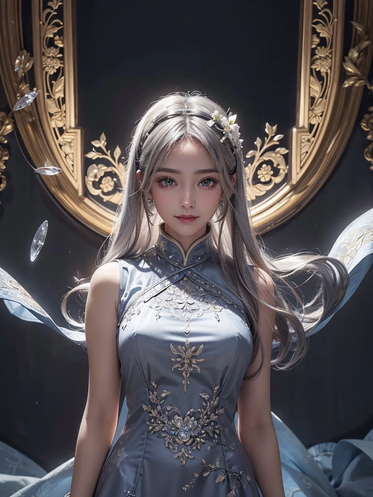 intricate detail, masterpiece, best quality, extremly detailed,cinematic lighting, beautiful detailed glow, finely detailed beautiful face and eyes, smile , long smooth shiny silky silver hair, Realistic lighting, pretty face , Body perfect anatomy,Top Quality, 8K Resolution , full body , High quality, realistic , Cinematic, Aesthetic, beautiful girl , cheongsam dress , symmetrical face , flower background, wearing a bejewelled crown