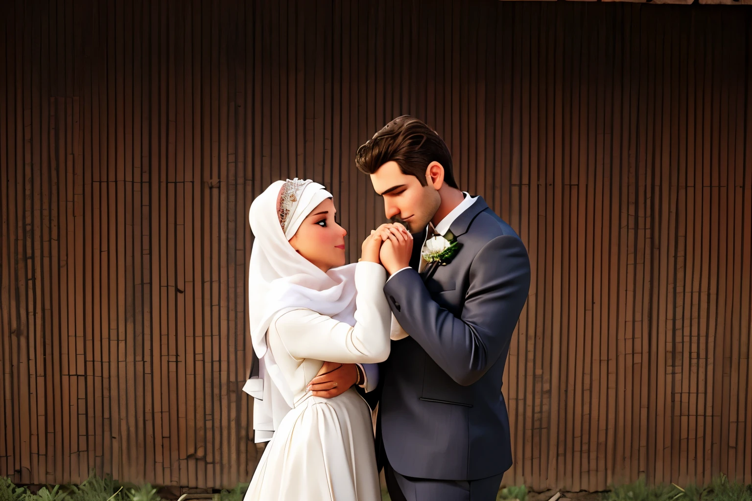 Groom kissing bride’s hand, bride in headscarf