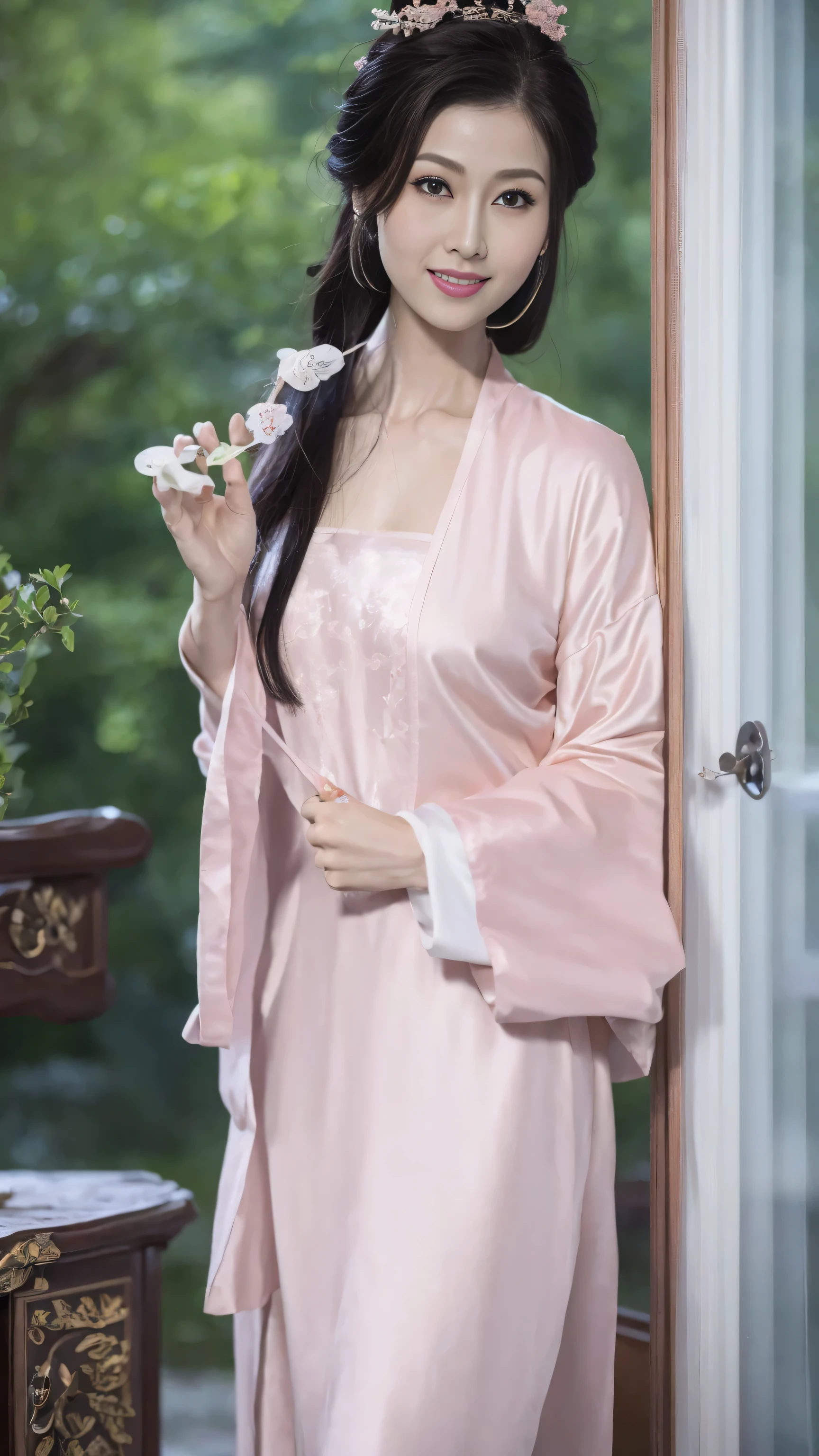 lifelike, 45mm, Super detailed, natural skin texture, Surrealism, There is a lovely woman、light brown hair、thin:1.3、small:1.3、Chinese clothing、seduct smile，This pose is so cute and beautiful、 The background is a traditional room，Surrounded by warm and inviting colors。(flower)，房间采用柔and的照明，Creates a romantic atmosphere。家具and织物的暖色调and纹理为场景增添了一丝舒适感。Overall image quality reaches the highest standards，强调超细节渲染and照片级真实感效果。Vibrant colors，灯光柔and而动态，增强了场景的深度and维度。[lifelike照明]、[vivid colors]and[柔and的阴影]Contributes to overall visual appeal。场景的构图and取景都是精心制作的，这是一部以最大的现实主义and艺术技巧描绘and浪漫本质的杰作。