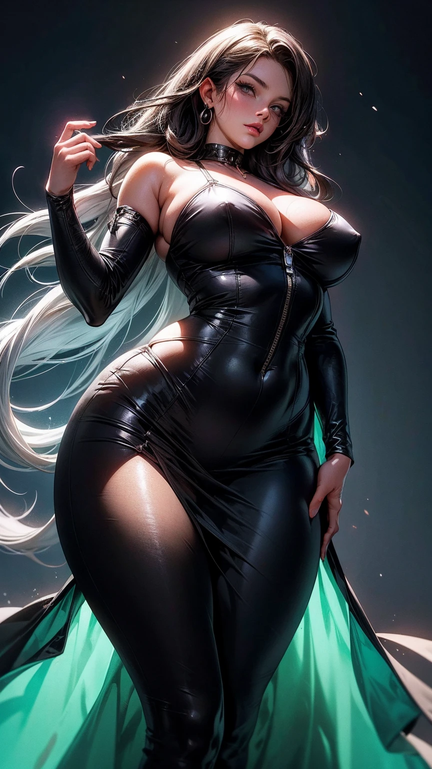 a woman in a black dress posing for a picture, sexy dress, violet myers, curvy hourglass figure, plus size, wearing a tight black dress, tight dress, she is wearing a black dress, inspired by Ion Andreescu, thicc, curvy, alluring plus sized model, skintight dress, curvy figure, thick body, black dress, masterpiece quality, UHD, super detailed skin, super detailed eyes, ultra detailed image, High quality image, 32k