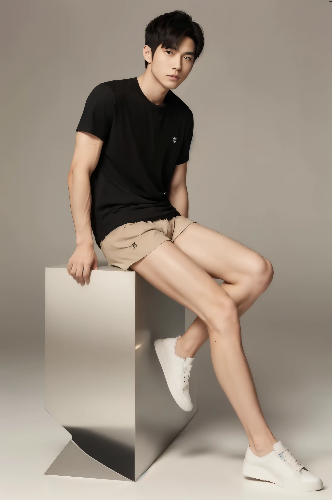 ((((hairy legs)))), ((super sharp focus)), toned legs, whole body, two block, messy shortt hair, long legs, Japan Male, 27 years old, wearing beige shorts, wearing a black T-shirt, very short hair, black hair