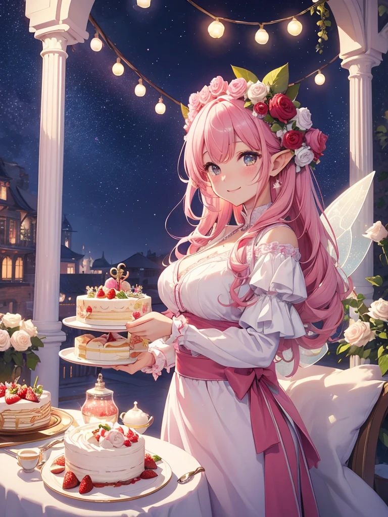 highest quality、Highest image quality、masterpiece、、Close-up、Esbian、High quality、beautiful art、background((starry ski)))muste piece、visual art、Depth of bounds written、rose palace、、magic of light、、harp melody🎵、A happy smile、pink hair、gentle light、beautiful fairy elf、ticker beautiful decorative、mystical rosa、 、amazing strawberry cake、celebration!anniversary、myth、Art nouveau friendly smile、party、🍰huge cake for party、delicious、Give me a bouquet of white roses、Marchen funny images、humor