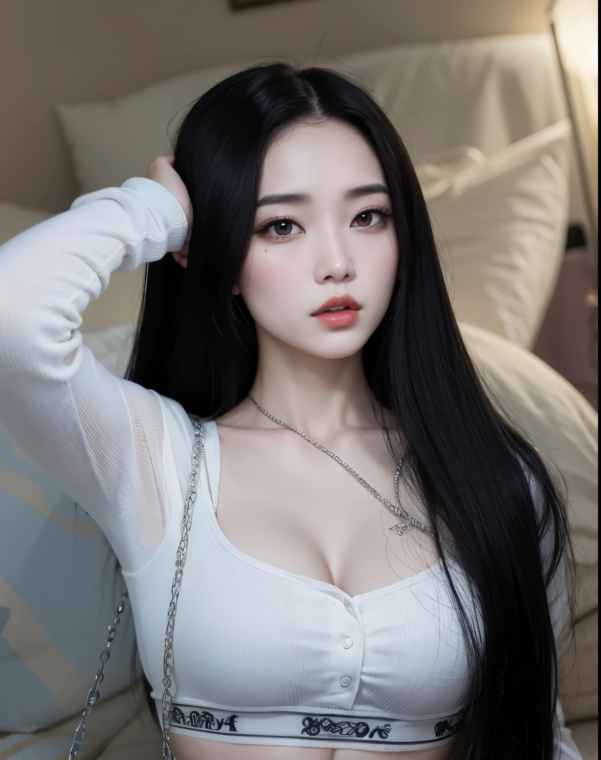 Araffe asian woman with long black hair and a white top, cruel korean goth girl, com cabelo comprido and piercing eyes, Asian girl com cabelo comprido, beautiful Asian girl, Menina coreana, Asian girl, linda mulher sul-coreana, com longos cabelos escuros, linda jovem coreana, pale gothic beauty, pale porcelain white skin, mulher com longos cabelos pretos, com cabelo comprido