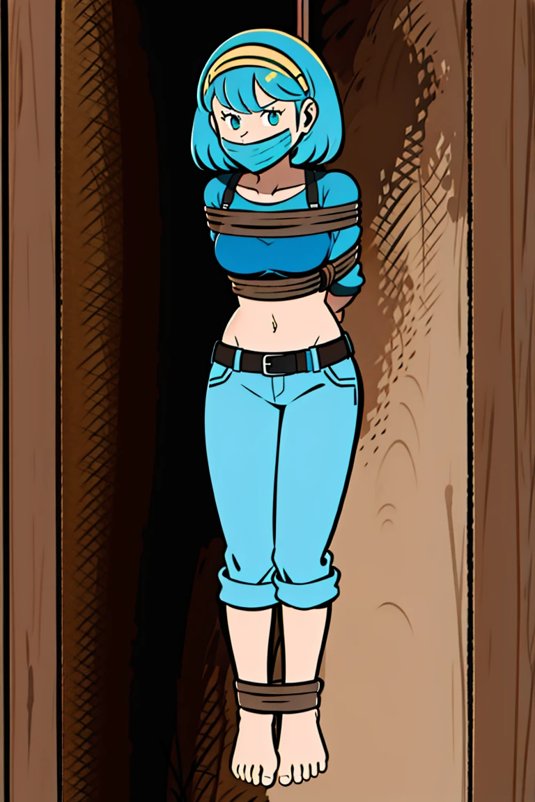 amelia n. with blue hair, masterpiece, (best quality), perfect eyes, bound, bondage, (arms behind back:1.4), bdsm, tape gag, tape, tape bondage, restrained, best anatomy, upper body, wearing tight orange crop top, jeans, yellow hairclip ,(stand pose), (full body shot),(toes to head view), (rope around neck), (hanged in a gallow, death, noose)