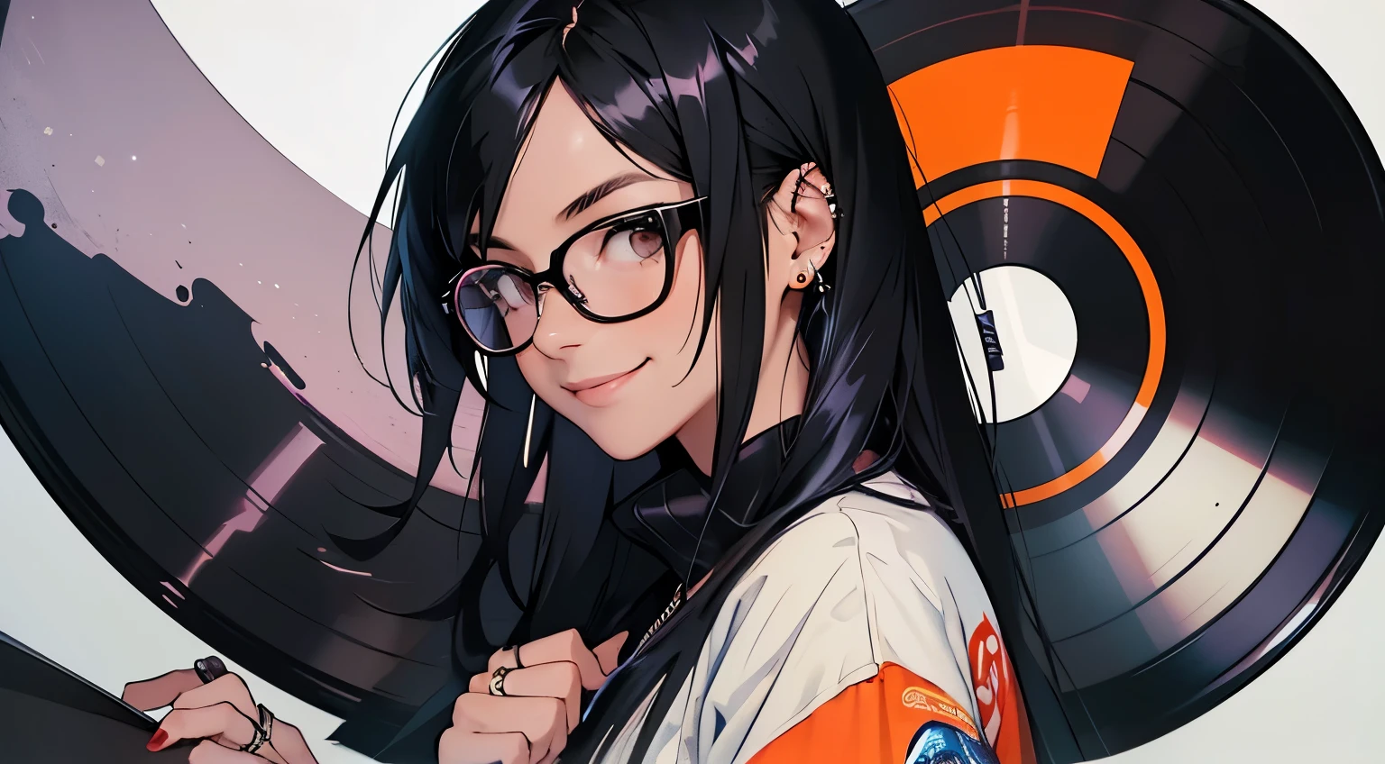 ((vinyl record)), (a girl, black hair, wearing glasses, wearing rings, kindly smiling), otherworldly, unusual, romantic, abstract, art, mystery, masterpiece, epic, cool