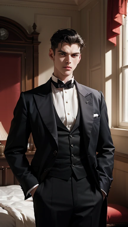 Man1, 25 years old, angry, tall, Black hair, shouting, Handsome, (victorian era, United Kingdom), ((background: A dark bedroom)), 