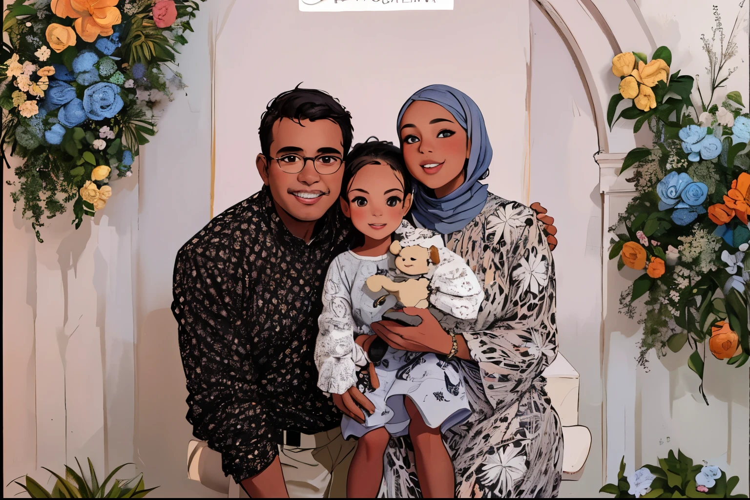A cute family portrait masterpiece of the best quality has vibrant colors, exquisite details, and a realistic touch. The focus of the painting is a loving family, consisting of a cheerful couple and their adorable child. The family is portrayed in a warm and affectionate manner, with genuine smiles and sparkling eyes that reflect their happiness.

The joyful couple features radiant smiles, twinkling eyes, and an evident bond. Their expressions and body language convey love, tenderness, and a strong connection. The couple is elegantly dressed in stylish and fashionable attire, enhancing the overall aesthetic appeal of the painting. Their outfits exhibit a harmonious blend of contemporary fashion with a touch of traditional elegance.

The child, the centerpiece of the painting, exudes innocence and cuteness. With rosy cheeks, big, expressive eyes, and a mesmerizing smile, the child captures the hearts of viewers. The artist pays attention to every detail, meticulously capturing the unique features of the child, such as the softness of their skin, the tenderness of their lips, and the tiny curls in their hair.

The background of the painting reflects a serene and tranquil setting, perhaps a beautiful garden or a cozy living room. The artist skillfully incorporates elements of nature, such as colorful flowers and lush foliage, further enhancing the overall aesthetic appeal.

The lighting of the painting is carefully crafted to create a warm and inviting atmosphere. Soft, natural light embraces the family, casting gentle shadows that add depth and dimension to the portrait. The lighting accentuates the textures and intricate details, resulting in a visually captivating and lifelike representation.

The overall artistic style of the painting leans towards a realistic interpretation, with a touch of romanticism and warmth. The brushstrokes are precise, capturing the fine details of the subjects' faces, clothing, and surroundings. The artwork epitomizes the artist's skill and creativity, resulting in a truly remarkable and emotionally resonant masterpiece.

The color palette of the painting is vibrant and harmonious, with a focus on warm tones that evoke a sense of joy, love, and togetherness. The colors are expertly blended, creating a visually appealing composition that reflects the positive and uplifting emotions depicted in the artwork.

This family portrait masterpiece is a true testament to the artist's talent and dedication to capturing the essence of familial love and happiness. It serves as a timeless portrayal of the bond shared by a happy and adorable family, evoking feelings of warmth, joy, and nostalgia in all who gaze upon it.