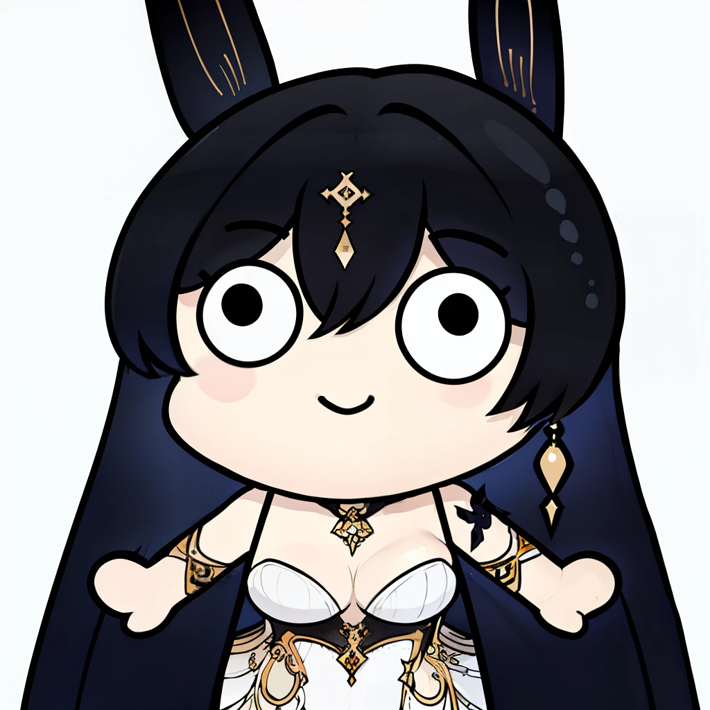 ((masterpiece, best quality)), 1 girl, alone, Tridup, chibi,simple background, White background,Extra-long black hair,Black rabbit ears,Gorgeous evening dress,Gold cross earrings