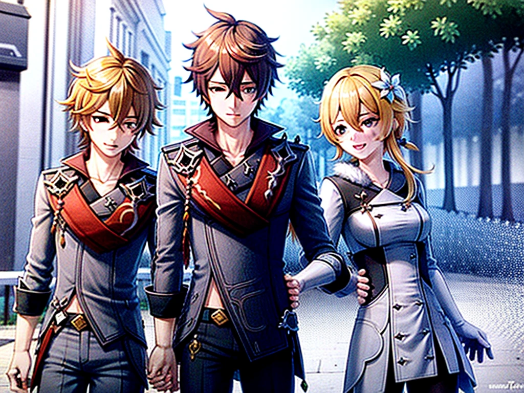 ((masutepiece, Best Quality, hight resolution, Pixel Perfect, 4k)), 1boy and 1girls, upper body, group photo ((beautiful eyelashes, Realistic eyes)), ((Detailed Face, Blushing:1.2)), ((Smooth texture:0.75, lifelike texture:0.65, Photorealistic:1.1, Anime in the style of computer graphics)), the perfect body, ((winter on backround, forest, winter jacket, fur parts of clothing, shy smile)) BREAK, luminedef BREAK,