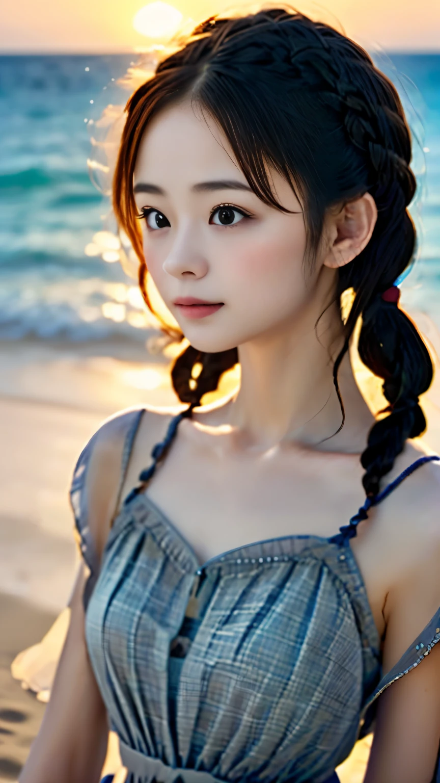 one girl、small face、cute face、Ash gray hair:1.5、Large braids:1.5、Camera gaze、small breasts、An ennui look、(((camisole、dress)))、particles of light、Sunset Sea、calm sea、white sand beach、Very beautiful sunset、RAW photo、highest quality、High resolution、high resolution、master piece:1.3、８ｋ、１２ｋ、professional photographer、