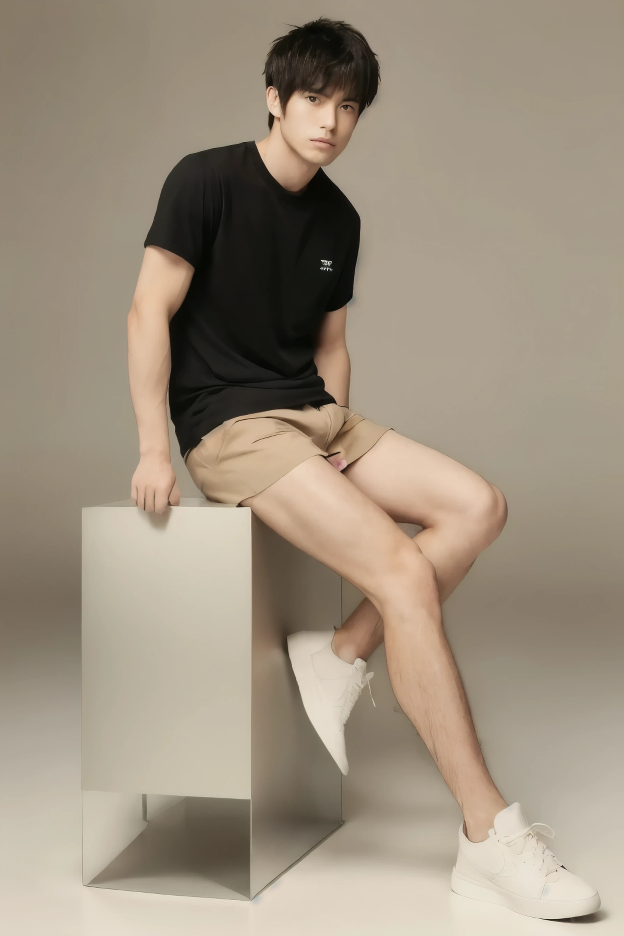 ((super sharp focus)), (((hairy legs))), toned legs, whole body, two block, messy shortt hair, long legs, Japan Male, 27 years old, wearing beige shorts, wearing a black T-shirt, very short hair, black hair