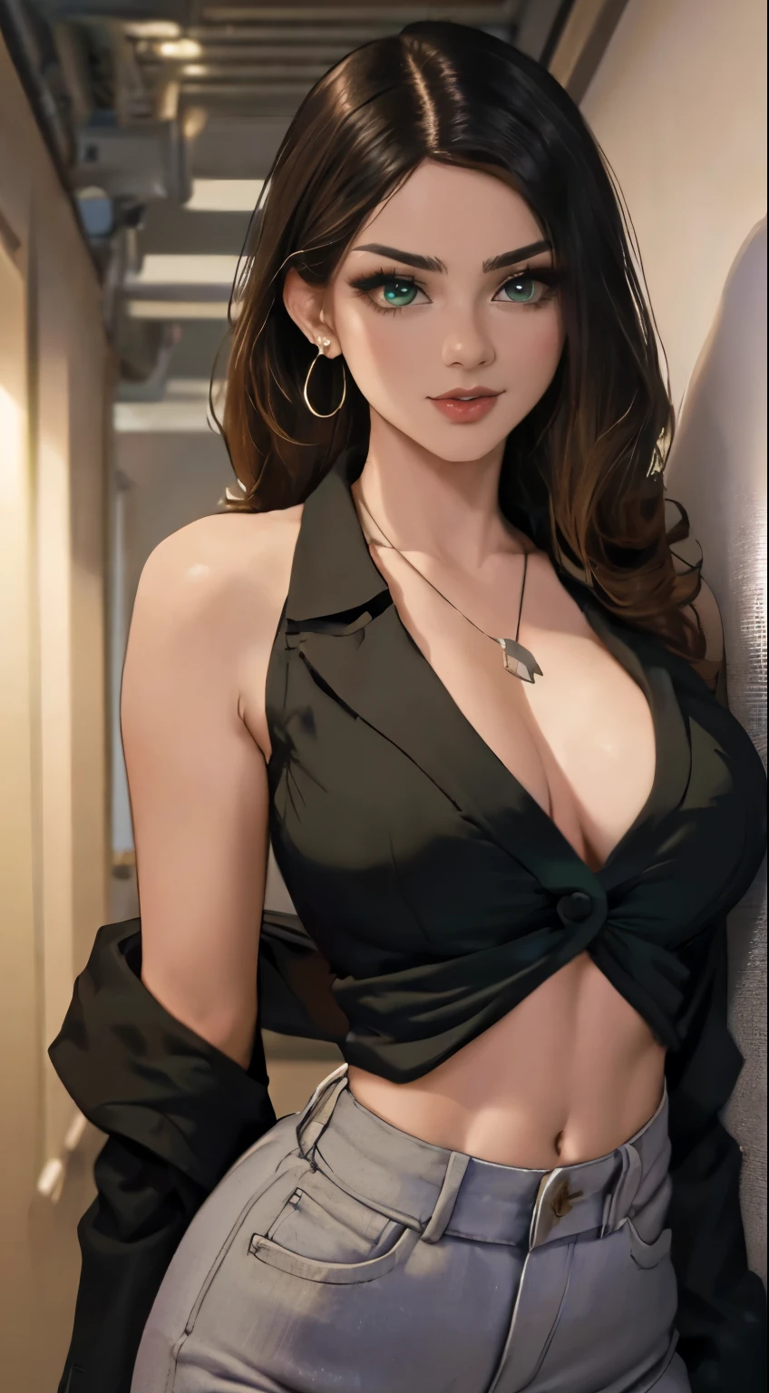 (masterpiece, best quality, highres, ultra-detailed), 1woman, long wave black hair, green eyes, handsome, detailed eyes and face, perfect body, earrings, ear piercing,  unbuttoned black blazer, white shirt, trousers, bare collarbones, chain necklace, city slums background, by amano akira