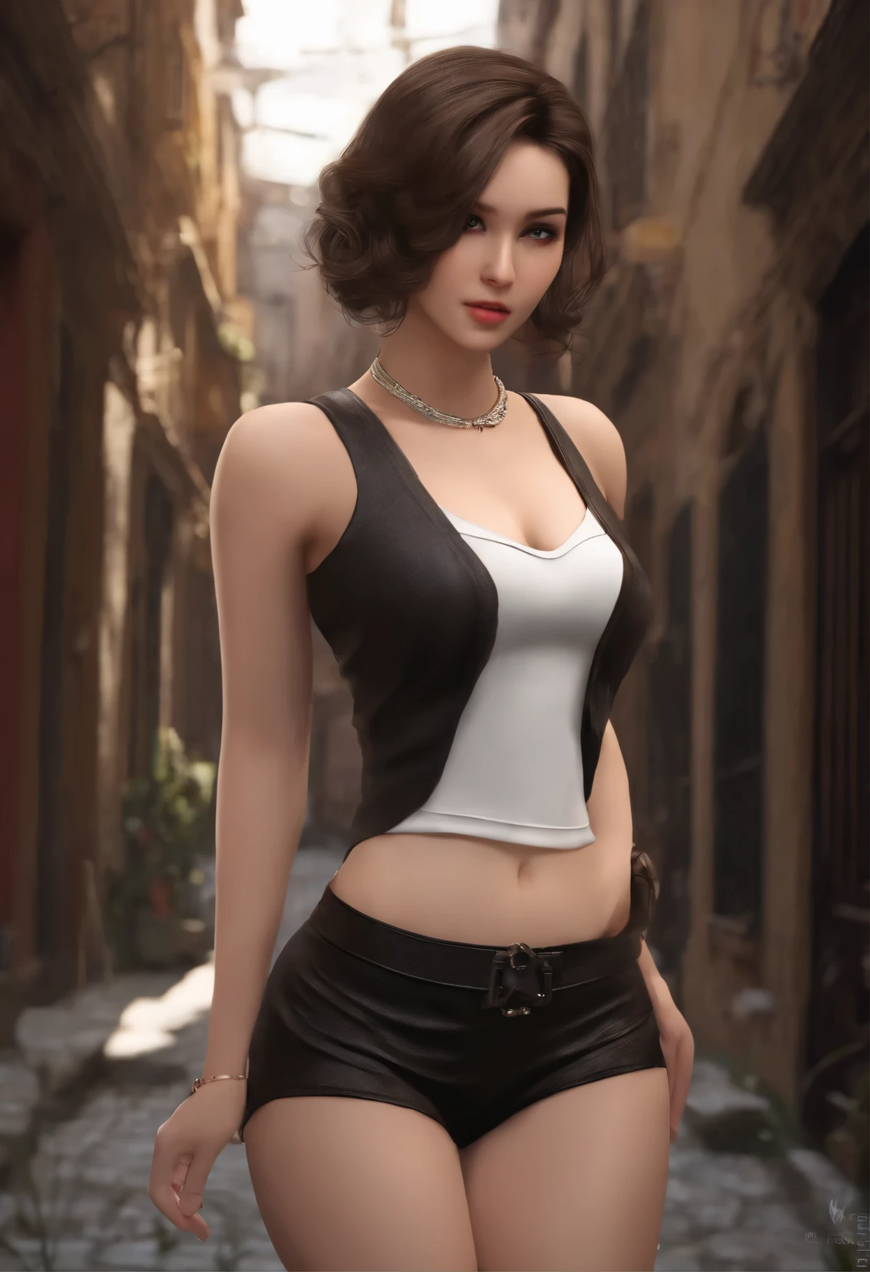 The prompt generated based on the given theme is:
"a girl, (best quality, high quality, ultra-detailed, realistic:1.37), super-detailed face, super-detailed body, (alley:1.3), dark brown short hair, glowing skin, natural makeup, very revealing bra, transparent blouse, skirt, squatting, (legs open:1.3) before squatting, panties on, (exposed crotch in panties:1.3), half-squatting"
