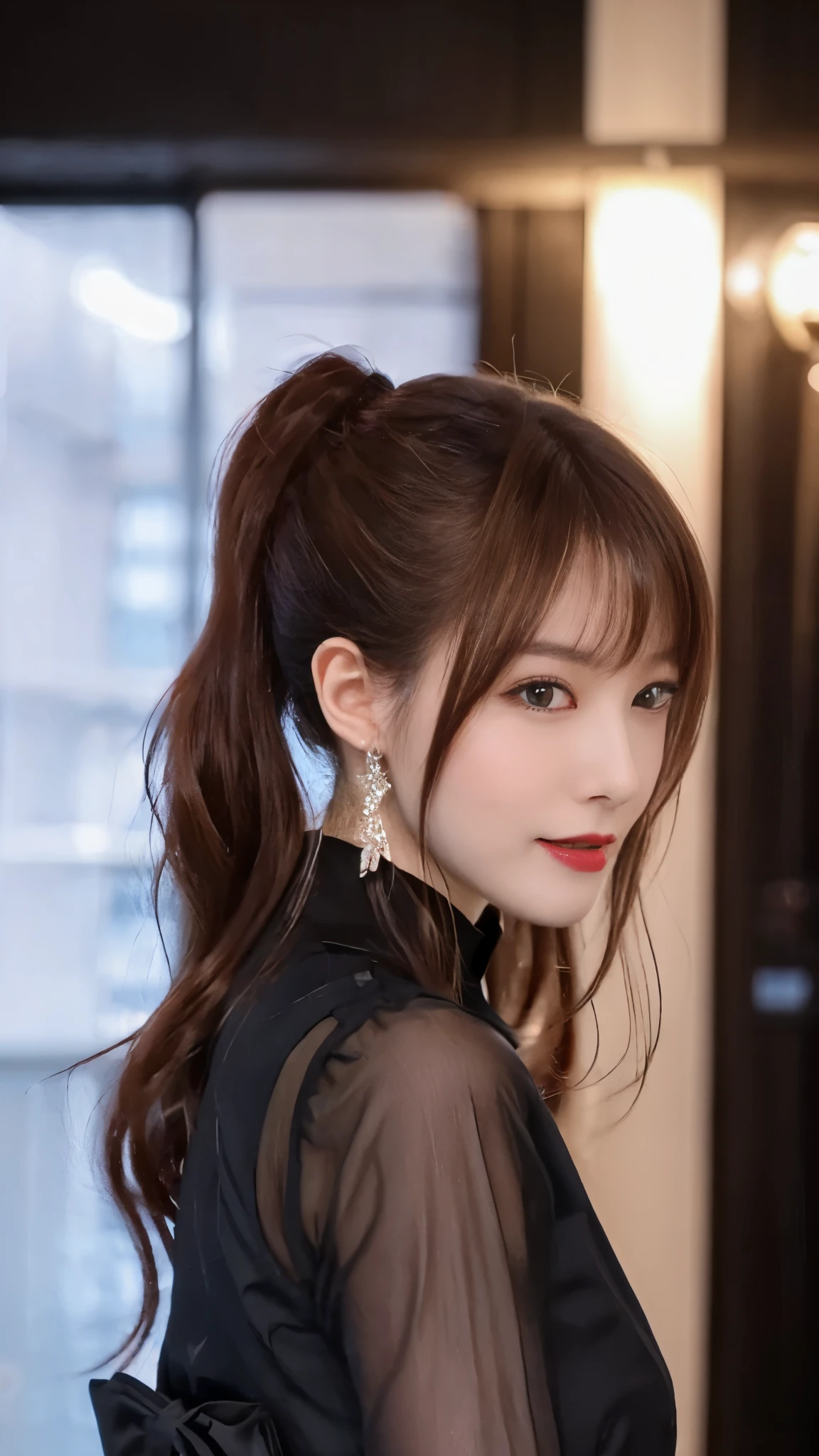 beautiful japanese woman,Photos taken by a professional photographer,Fancy makeup with red eyeshadow,double eyelid,The best smile,Delicate brown hair with short cut and side waves,big ring earrings,elegant legs,Wearing black high heels,long and thin legs, white shirt and super miniskirt, long legs, standing during class, very beautiful slim legs, とても美しいlong and thin legs, sitting at desk, Business service, beautiful feet, good hips and long legs, beautiful feet, surreal high school girl, cleavage,