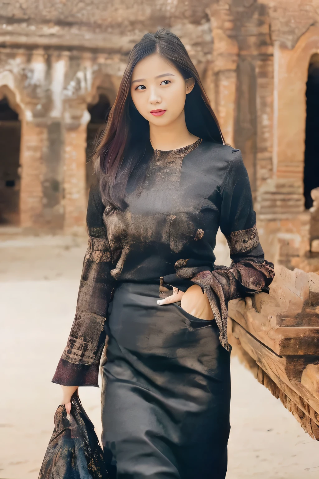 (Portrait Photography:1.2), (upper half-body photo), (cinematic lighting), (beautiful lady), (soft focus), (long hair), (golden hour lighting), (captivating gaze), (flowing locks), (attention to hair details), (modelshoot style), (elegant posture), (detailed hair texture), (8K resolution), (ethereal beauty), (trending on Instagram), (captivating colors), (attention to composition), (attention to skin texture), (model in focus), (timeless elegance), acmm ls outfit, wearing acmm top, red acmm top, long sleeves, wearing acmm long skirt, red acmm long skirt, printed skirt, ((outdoors, scenery, traditional media, sky, day, photo background, real world location, architecture, nature, ruins, landscape, bagan ancient pagoda background)),Face Near focus