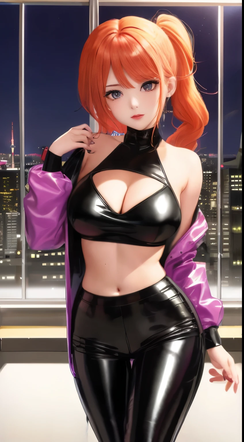 1 girl, (((bimbo))),earrings rings, plump lips, painted lips, thin lips. orange hair, Short ponytails, wide hips, thick thighs, latex tight pants, burst breasts Nightlife, night city, Cyberpunk-city, futuristic cityscape. neon lights, (skyscraper:1.1), tokyo tower, Palm tree, Fabric sign, flat stall, nightclub. Bright lights of the city, Exotic car. alcohol, There is, flat, soup stall ,alcohol bottles,