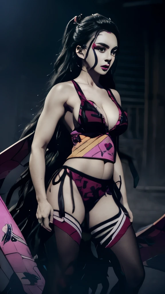 anime character with long black hair and pink makeup posing, albedo from the anime overlord, shalltear from overlord, in jojo\'s bizarre adventure, nezuko, albedo from overlord, kimetsu no yaiba, from overlord, mika kurai demon, nezuko-chan, anime character; full body art