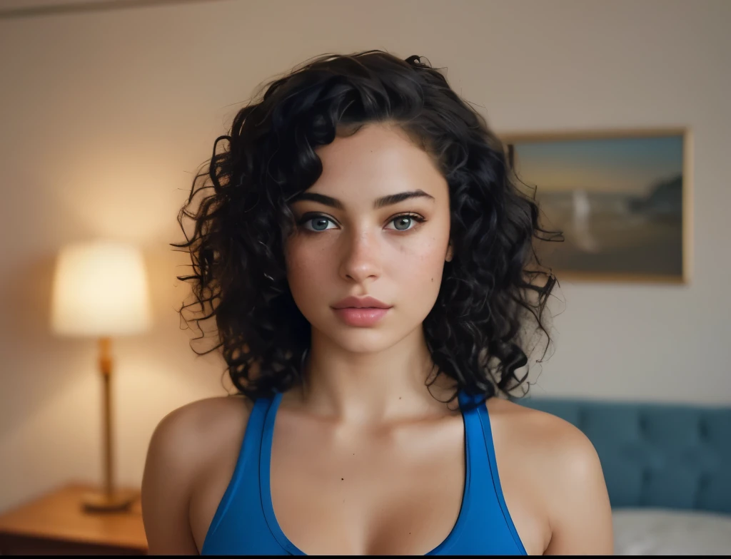 there is a woman with a blue top standing in a room, portrait sophie mudd, mixed race woman, portrait of a beautiful model, lorde, no makeup wavy hair, photo of a beautiful woman, mixed-race woman, a beautiful young woman, high quality portrait, gorgeous woman, photo of young woman, total body, without clothes
