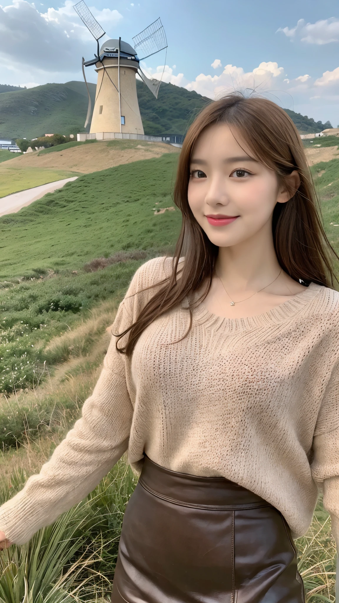 ((realistic light, top quality, 8 thousand, masterpiece: 1.3)), 1 woman, Slender beauties: 1.4, Abs: 1.1, (light brown hair, very big tits:1.4), Long pink sweater: 1.1, ultra fine face, detailed eyes, double eyelid, smile, necklace, A hill with a view of the blue sky, (mini skirt:1.5), hill with windmill view,