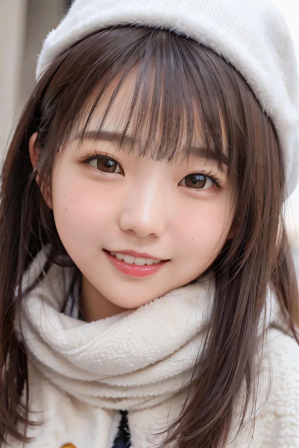 head shot、highest quality,masterpiece,ultra high definition digital photography，solo portrait，one woman，wear a slim coat，Wear a hat、wearing a scarf，smile，look at the camera，exterior，flat body、slim、cute、change、white skin、round face、Very adorable little face、