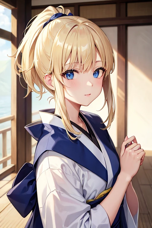 blonde ponytail、No curly hair、blue eyes、The skin is white、wearing a kimono