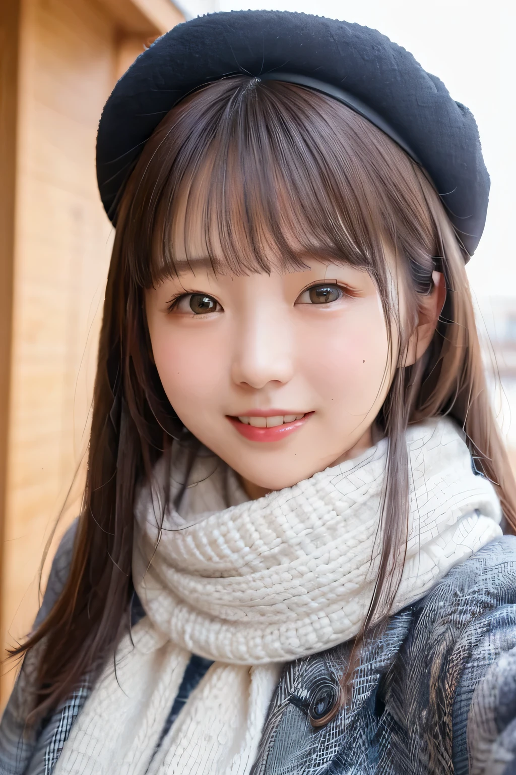 head shot、highest quality,masterpiece,ultra high definition digital photography，solo portrait，one woman，wear a slim coat，Wear a hat、wearing a scarf，smile，look at the camera，exterior，flat body、slim、cute、change、white skin、round face、Very adorable little face、