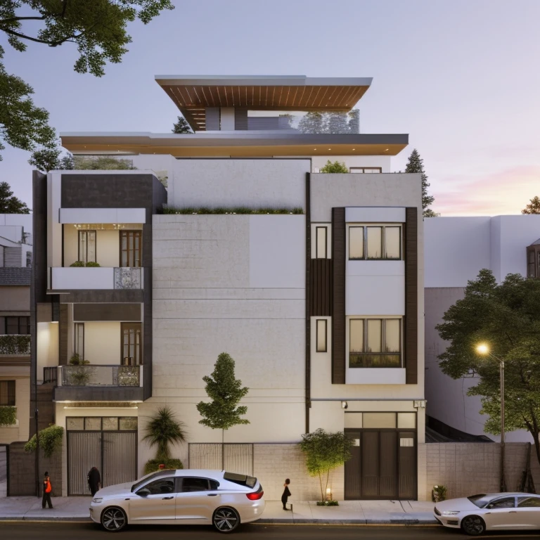 rendering of a modern apartment building with a car parked in front, building facing, 3 d rendering, 3d rendering, conceptual, mixed development, complex 3 d render, complex 3d render, residential, d render, street elevation, architecture render, street level view, 2 d render, architectural render, comprehensive 2 d render, front elevation view, detailed rendering