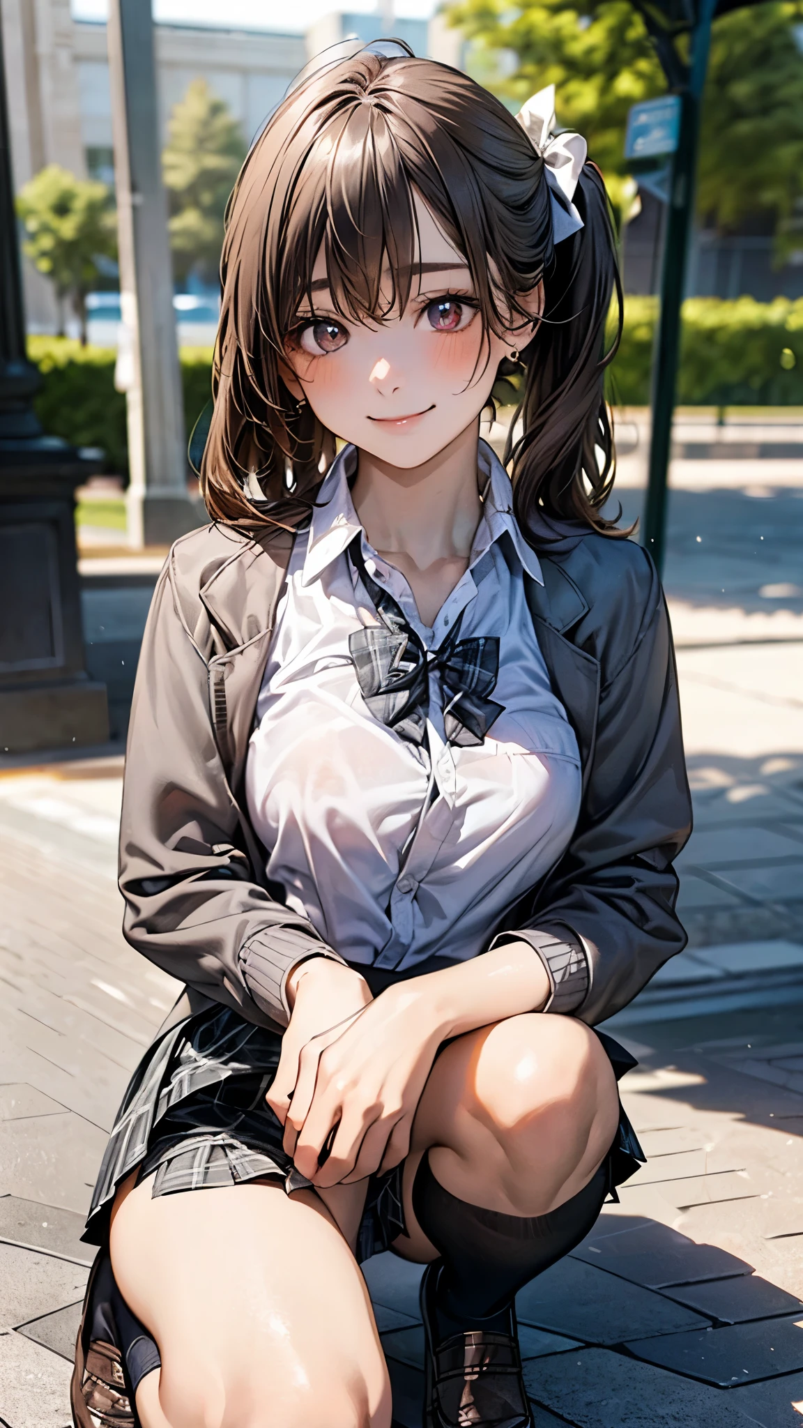 (masterpiece:1.2, top-quality), (realistic, photorealistic:1.4), beautiful illustration, (natural side lighting, movie lighting), nsfw,
looking at viewer, cowboy shot, front view:0.6, 1 girl, japanese, high school girl, perfect face, cute and symmetrical face, shiny skin,
(long hair:1.5, side ponytail:1.4, brown hair), bangs pinned back, red eyes, long eye lasher, (large breasts:0.6, thick thighs),
beautiful hair, beautiful face, beautiful detailed eyes, beautiful clavicle, beautiful body, beautiful chest, beautiful thigh, beautiful legs, beautiful fingers,
(((dark grey jacket), light grey collared shirts, dark grey pleated mini skirt, black socks, grey plaid bow tie)),
(beautiful scenery), school, (squatting, lift up skirt, grab the hem of the skirt, hands on chest, hand between legs), (lovely smile, upper eyes),