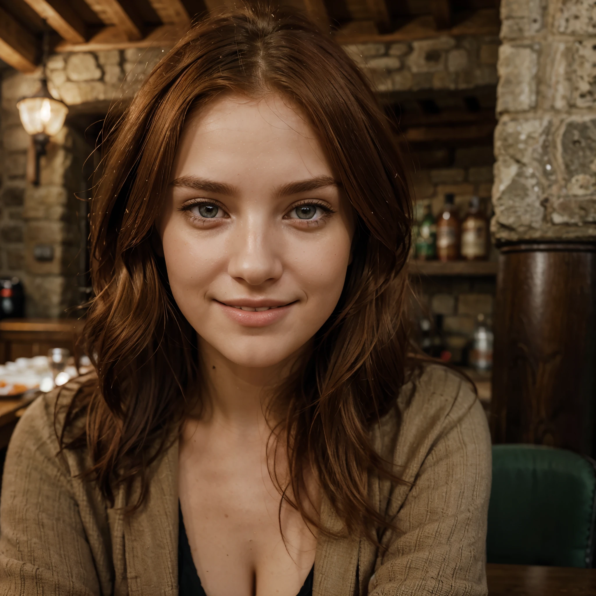 RAW uhd portrait of 24-year-old blonde close-up, Natural red hair, castles, Wavy, (brown-eyed woman) full body, large bust, smiling, wearing a winter coat and boots over casual clothes, at a table in an English rural pub, near a log fire ,Prehistory England, day sky, redhead, The background of english pub, (Red Summer Dress), (cutout), Detailed (textures!, Hair!, brightness, Color!, imperfections:1.1), High detail of light eyes, (looking at the camera), specular lighting, dslr, ultra quality, sharp-focus, Sharp, Depth of field, Film grain, (centered), Fujifilm XT3, Crystal clear, The center of the frame, cute face, sharp-focus, bokeh, (dimly lit), Low key, in day, (day sky).
