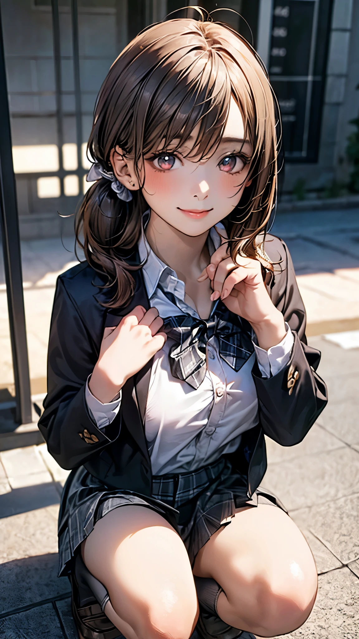 (masterpiece:1.2, top-quality), (realistic, photorealistic:1.4), beautiful illustration, (natural side lighting, movie lighting), nsfw,
looking at viewer, cowboy shot, front view:0.6, 1 girl, japanese, high school girl, perfect face, cute and symmetrical face, shiny skin,
(long hair:1.5, side ponytail:1.4, brown hair), bangs pinned back, red eyes, long eye lasher, (large breasts:0.6, thick thighs),
beautiful hair, beautiful face, beautiful detailed eyes, beautiful clavicle, beautiful body, beautiful chest, beautiful thigh, beautiful legs, beautiful fingers,
(((dark grey jacket), light grey collared shirts, dark grey pleated mini skirt, black socks, grey plaid bow tie)),
(beautiful scenery), school, (squatting, lift up skirt, grab the hem of the skirt, hands on chest, hand between legs), (lovely smile, upper eyes),