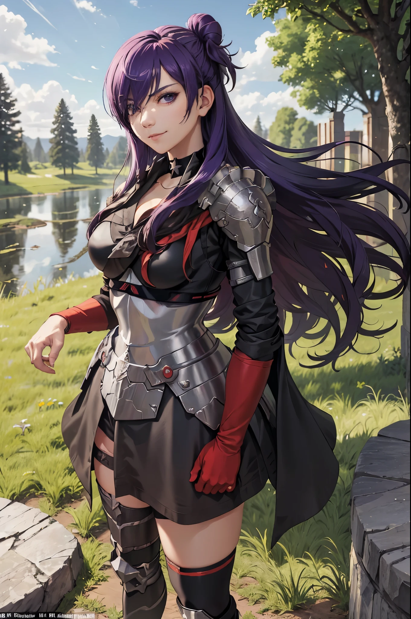 masterpiece, best quality, shez, hair over one eye, choker, armor, cape, black dress, single glove, thighhighs, standing, upper body, large breasts, furrowed brow, smile, trees, clouds, sky 