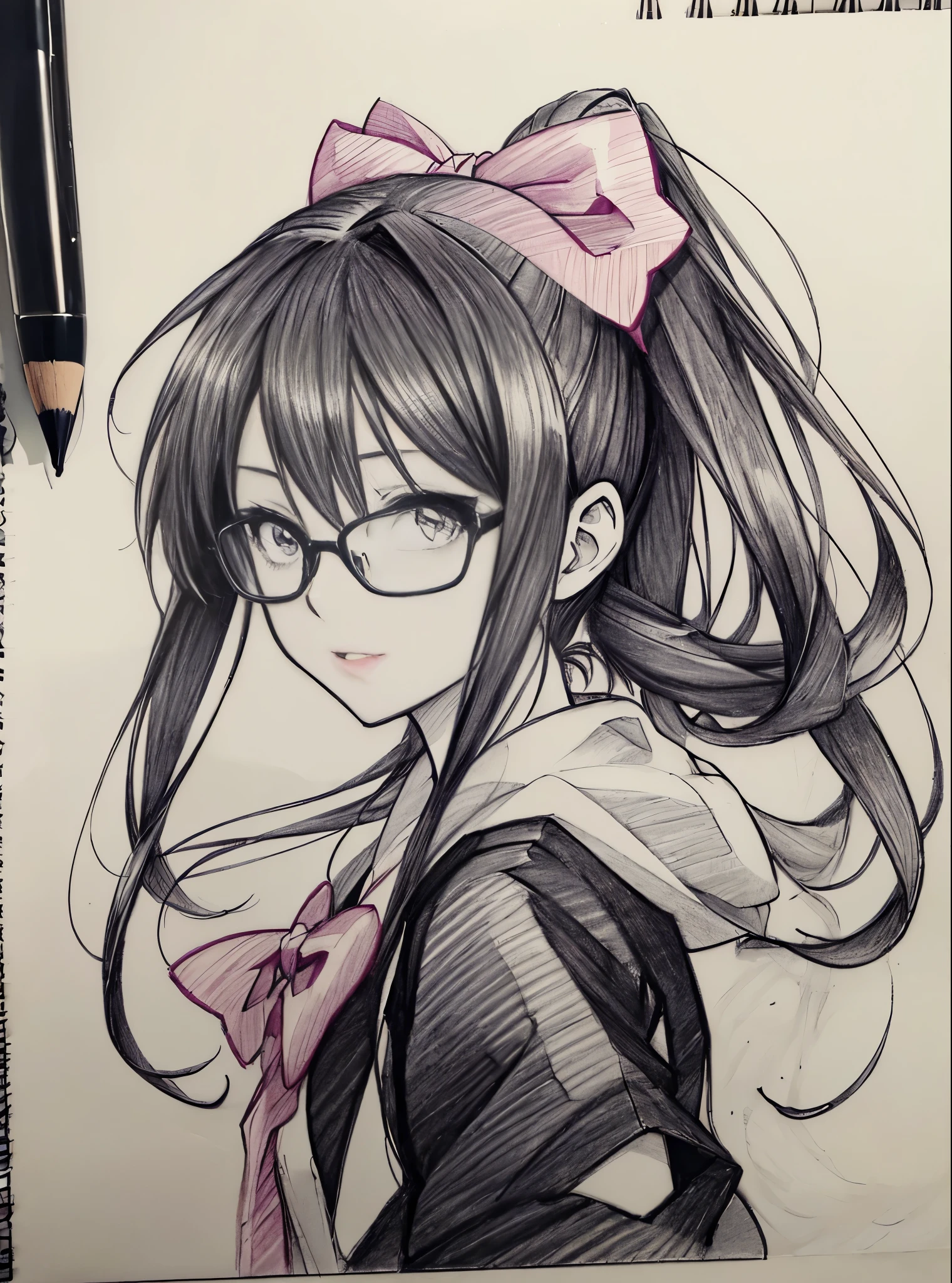 drawing of a girl with long hair and glasses with a bow, anime shading), anime shading, anime style drawing, anime sketch, an anime drawing, anime drawing, pencil and ink manga drawing, anime style portrait, anime style, beautiful drawing style, anime girl, portrait of an anime girl, pen draw, detailed manga style, in an anime style, anime styled