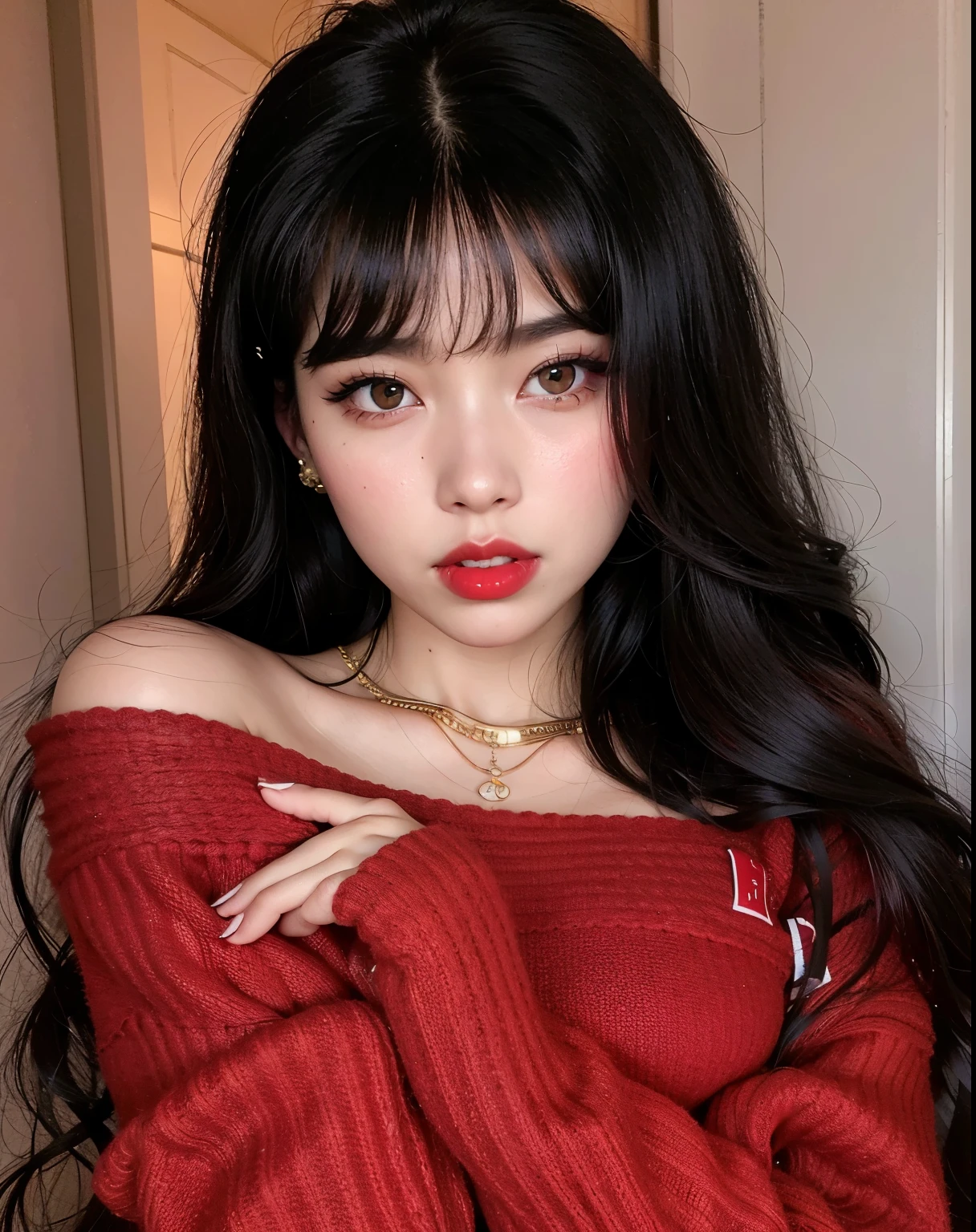 A closeup of a woman with long black hair wearing a red sweater, Ulzzang, cruel korean goth girl, lentes de contato vermelhas, Red lipstick on face, Menina coreana, goth girl aesthetic, maquiagem sul-coreana popular, small and thick Red lips, faint Red lips, maquiagem coreana popular, corte de cabelo preto hime, Asian girl, Red lips, thick Red lips