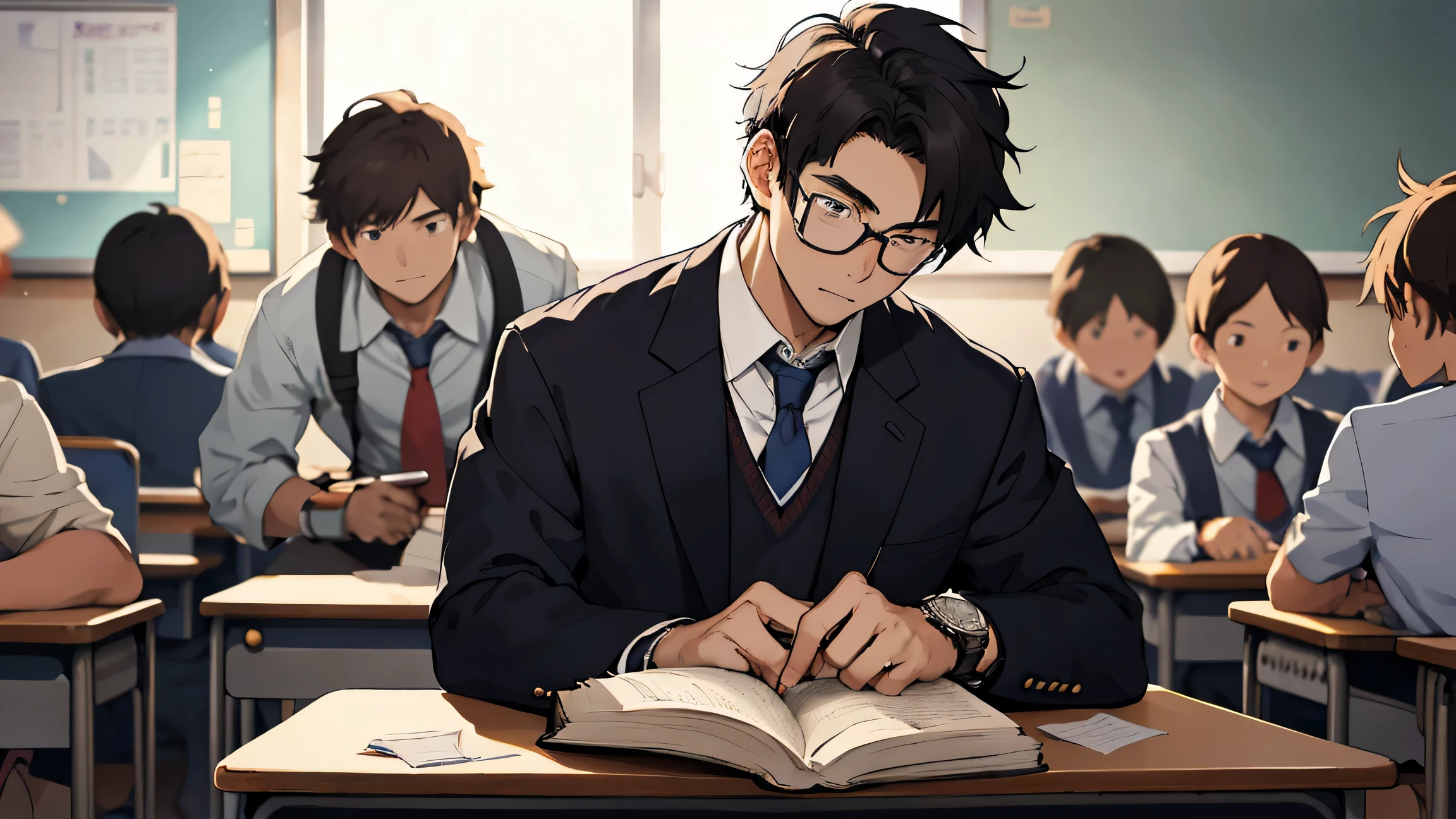 a detective student in school finds a lost book in classroom and he suspects everyone in classroom with his magnifying glass and he uses his special watch and his age is ars