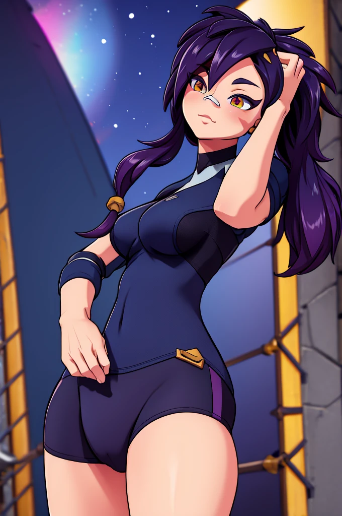 Erisa, tight pants, sportswear, butt, seductive, thick thighs, night sky view, realistic, best quality, masterpiece, ultra detail, ultra high res, extreme detail