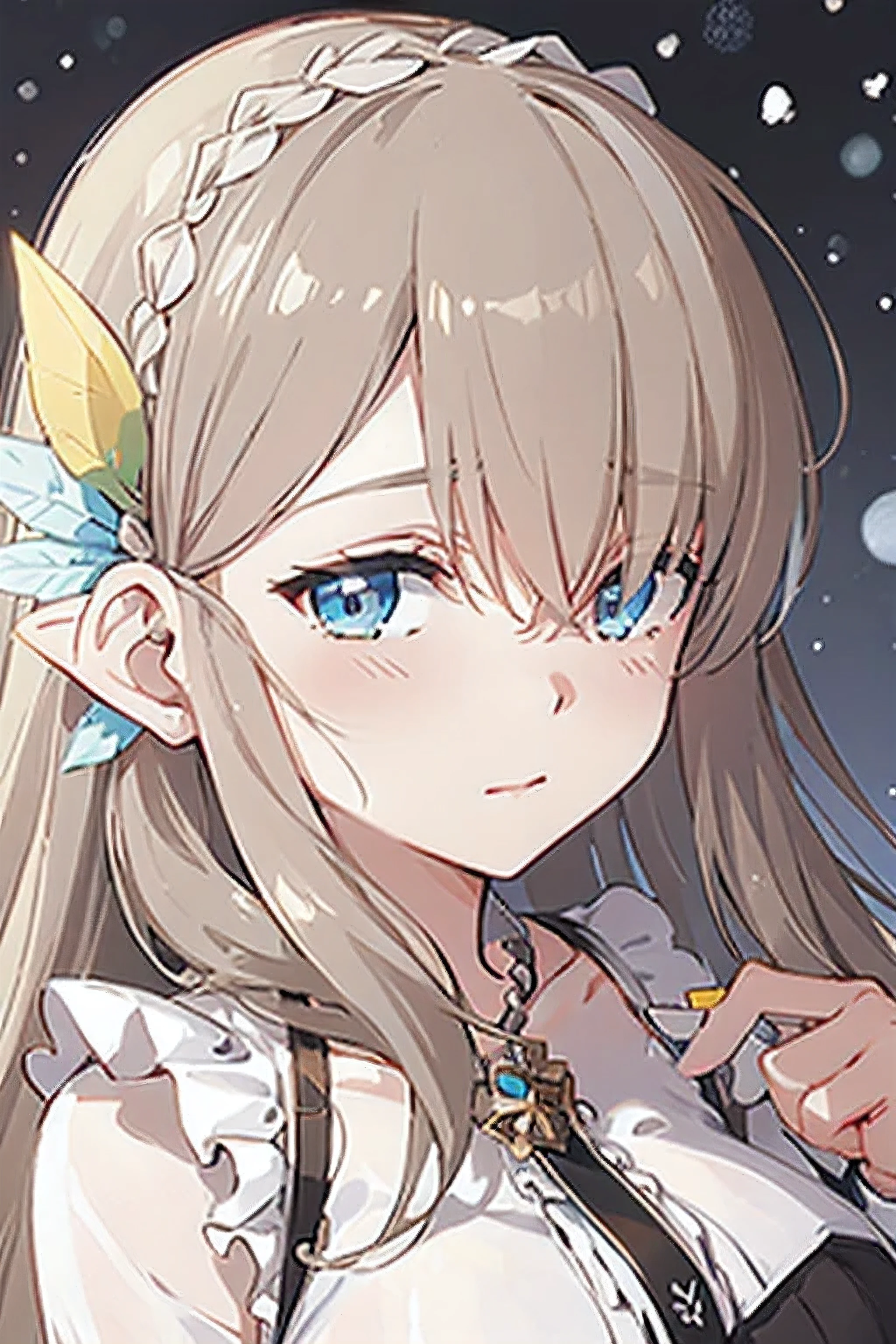 {{masterpiece}}, Very detailed, Extremely detailed CG unified 8k wallpaper, illustration, 1 girl, Silver wavy hair, pointed ears, skirt, necklace, hair flower, snow, ice, whole body, high close up, Very detailed, center frame, sharp focus, looking at the audience, flowing hair, best quality