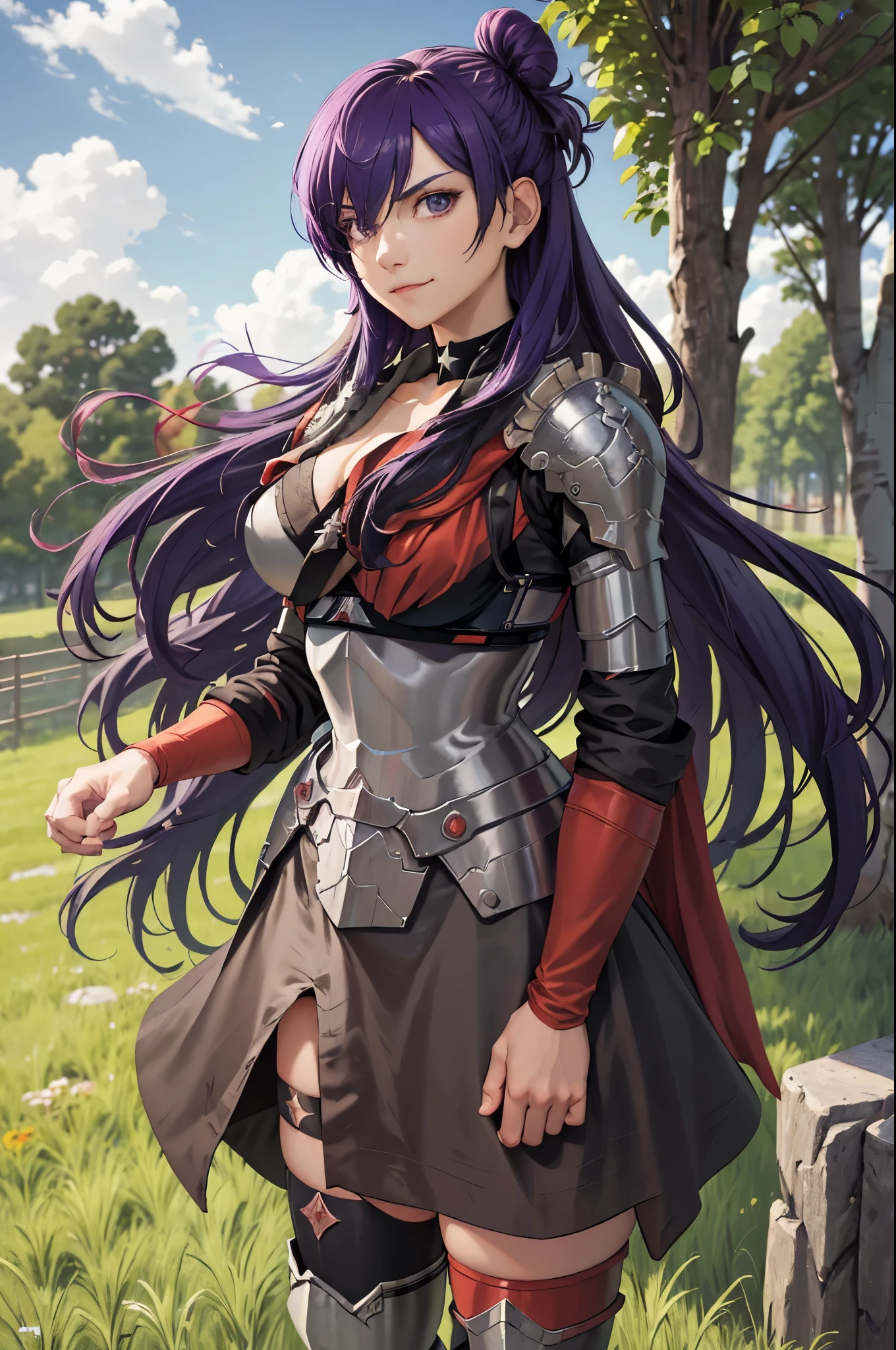 masterpiece, best quality, shez, hair over one eye, choker, armor, cape, black dress, single glove, thighhighs, standing, upper body, large breasts, furrowed brow, smile, trees, clouds, sky, cowboy shot