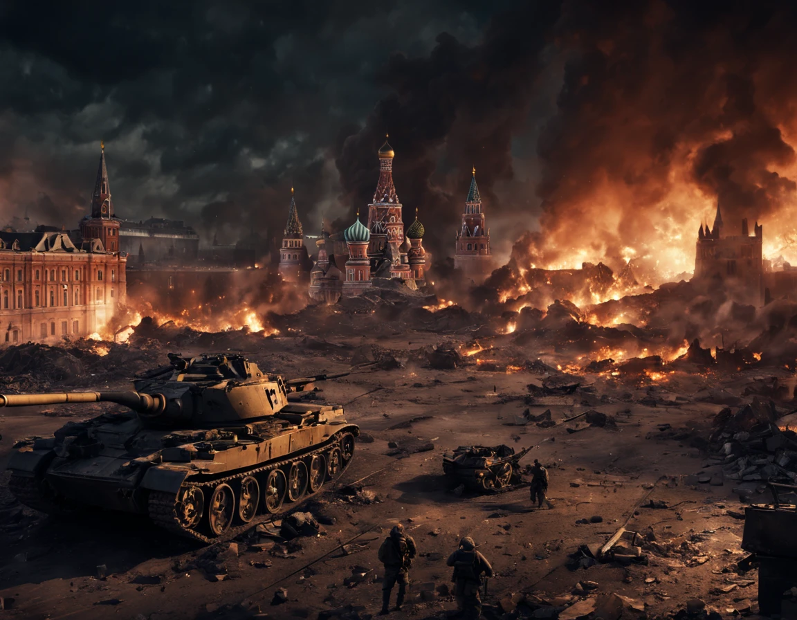cinematic compositions, Horizontal format image, 16:9 ratio, war scene, fully ruined Kremlin at night, red square, ruins of Moscow, ruins burning at night, ruined city, war, smoke, night, everything is ruined and burning, war movie scene, 24K movie quality, cinematic compositions,tanks, planes, military, war soldiers, shooting, explosions, ruined city, war scene, end of world