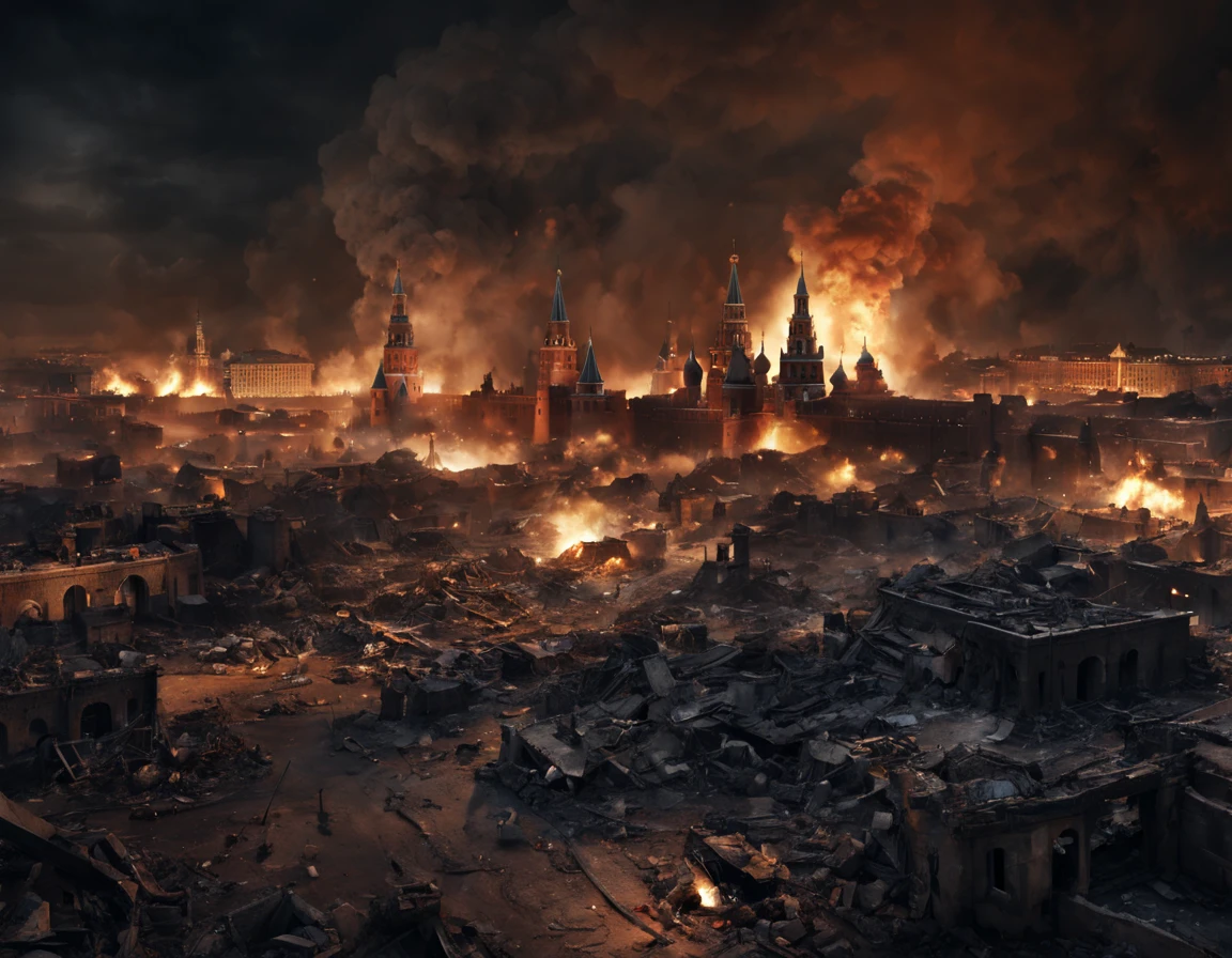 cinematic compositions, Horizontal format image, 16:9 ratio, war scene, fully ruined Kremlin at night, red square, ruins of Moscow, ruins burning at night, ruined city, war, smoke, night, everything is ruined and burning, war movie scene, 24K movie quality, cinematic compositions,tanks, planes, military, war soldiers, shooting, explosions, ruined city, war scene, end of world