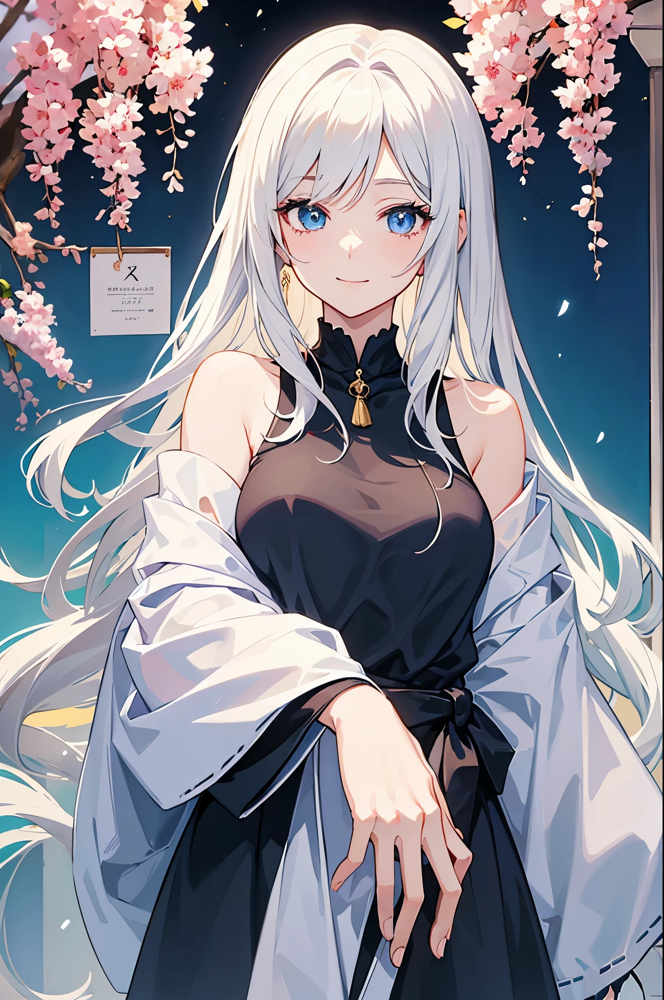 Anime. Onee-san. Adult.  Tall. Young woman facing the camera. Half body potrait only. Upper body only. She is smiling softly at the camera, saying something. She has long white hair and blue eyes. Dressed in casual casual clothes. Potrait photo