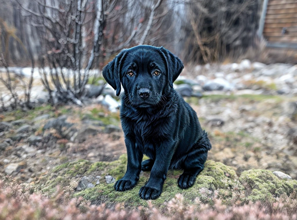 there is a black dog sitting in the grass outside, labrador, really good looking face!!, very handsome, very pretty face, black dog, big black eyes, black on black, very extremely beautiful, extremely handsome, large black eyes!!!, proud looking away, a wide full shot, very realistic, very detailed!, very very realistic, dressed in black, good looking face