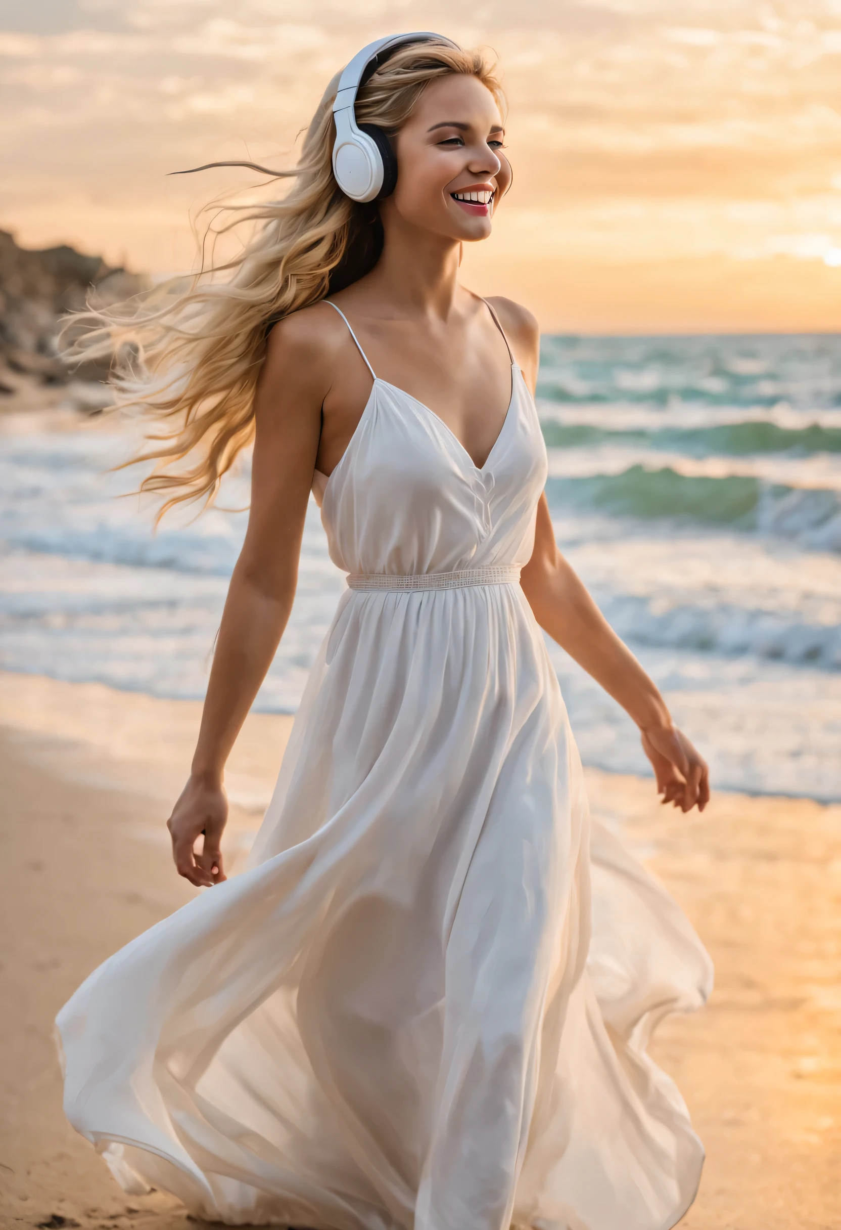 Illustrate the enchanting combination of beauty and musical passion in a 25-year-old woman with white long dress Walking through the beach. She wearing h headphone on her head listening to music, head nodding along to the rhythm. A brilliant smile breaks across her face as the lyrics lift her spirit. Her toes tap and body sways, completely caught up in the joy, liberation and escapism the music provides with its throbbing pulse. The rest of the world drops away as she loses herself in the sound. Her blonde hair gently sways with the rhythm, adding a touch of graceful movement. Capture her serene expression, reflecting the deep connection she feels with the music. Utilize a warm and inviting color palette to enhance the harmony between her gentle nature and the transformative power of music.