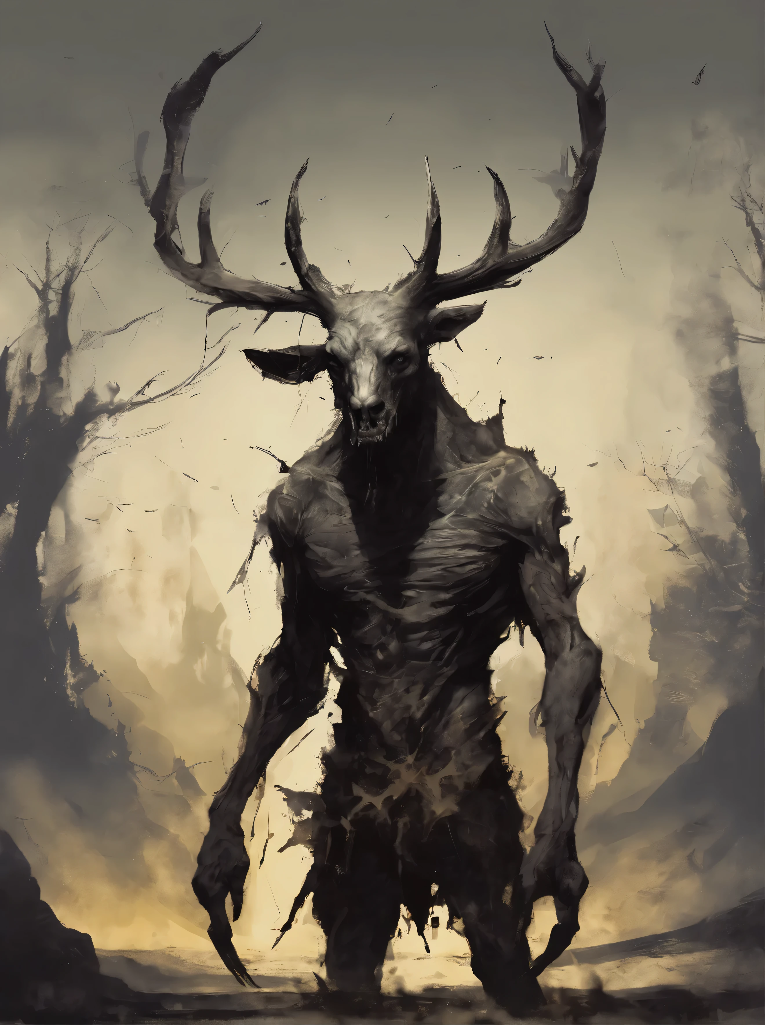 monster minotaurus, rotten skin, rotten flesh, concept oil painting, game enemy, broken skin parts, mob, scarry creature, 4k, detailed painting, painting style, ugly monster, awful, horror monster, paint artifacts, sepia, screaming, evil face, standing on 2 legs, have 2 long arms, standing backwards, mythology, no landscape, black/gray/yellow/sand, night, horror mob, terrify art, digital art style, broken antlers, morphed deer, mutated deer,