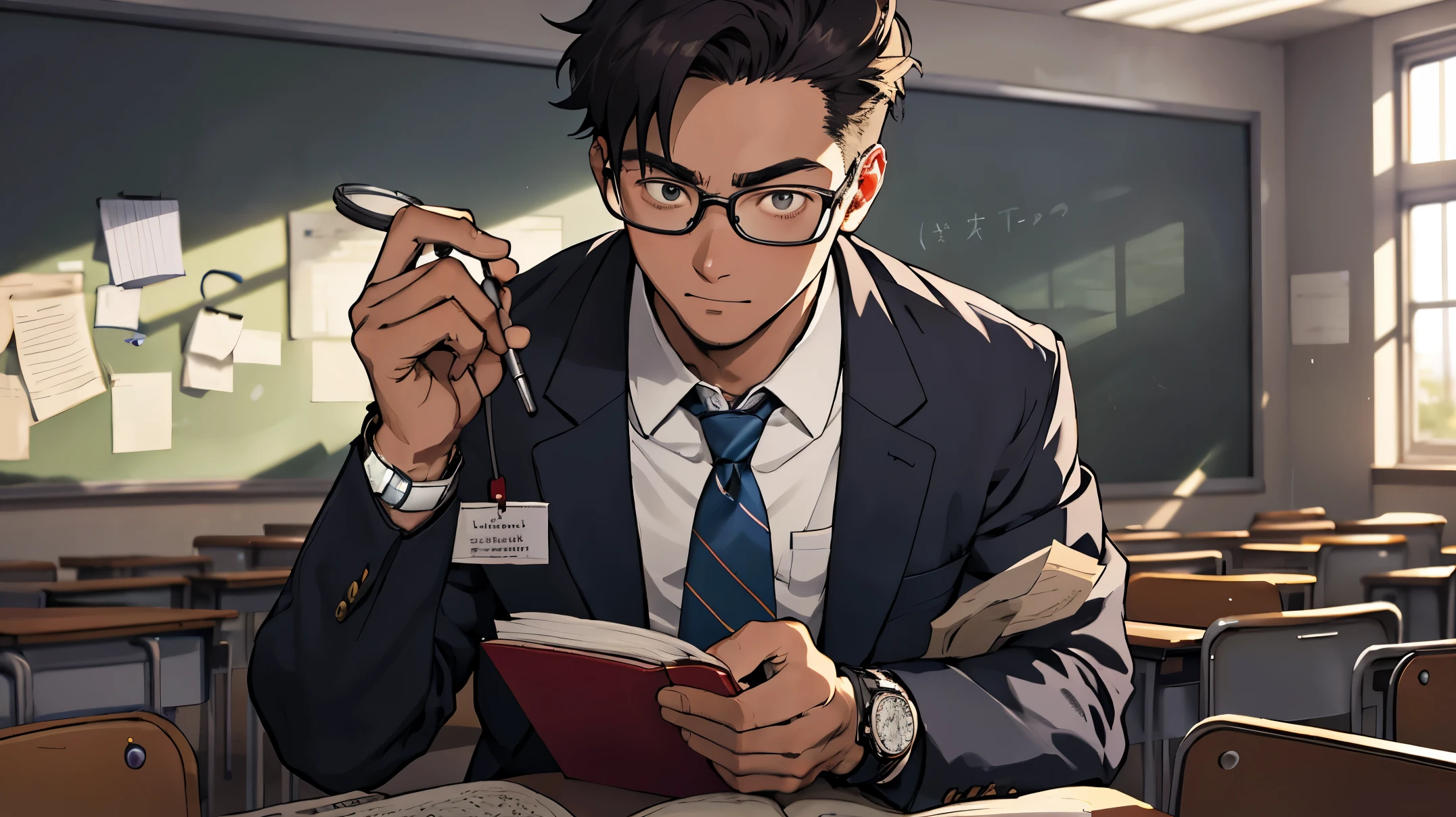 a detective student in school finds a lost book in classroom and he suspects everyone in classroom with his magnifying glass and he uses his special watch and his age is ars