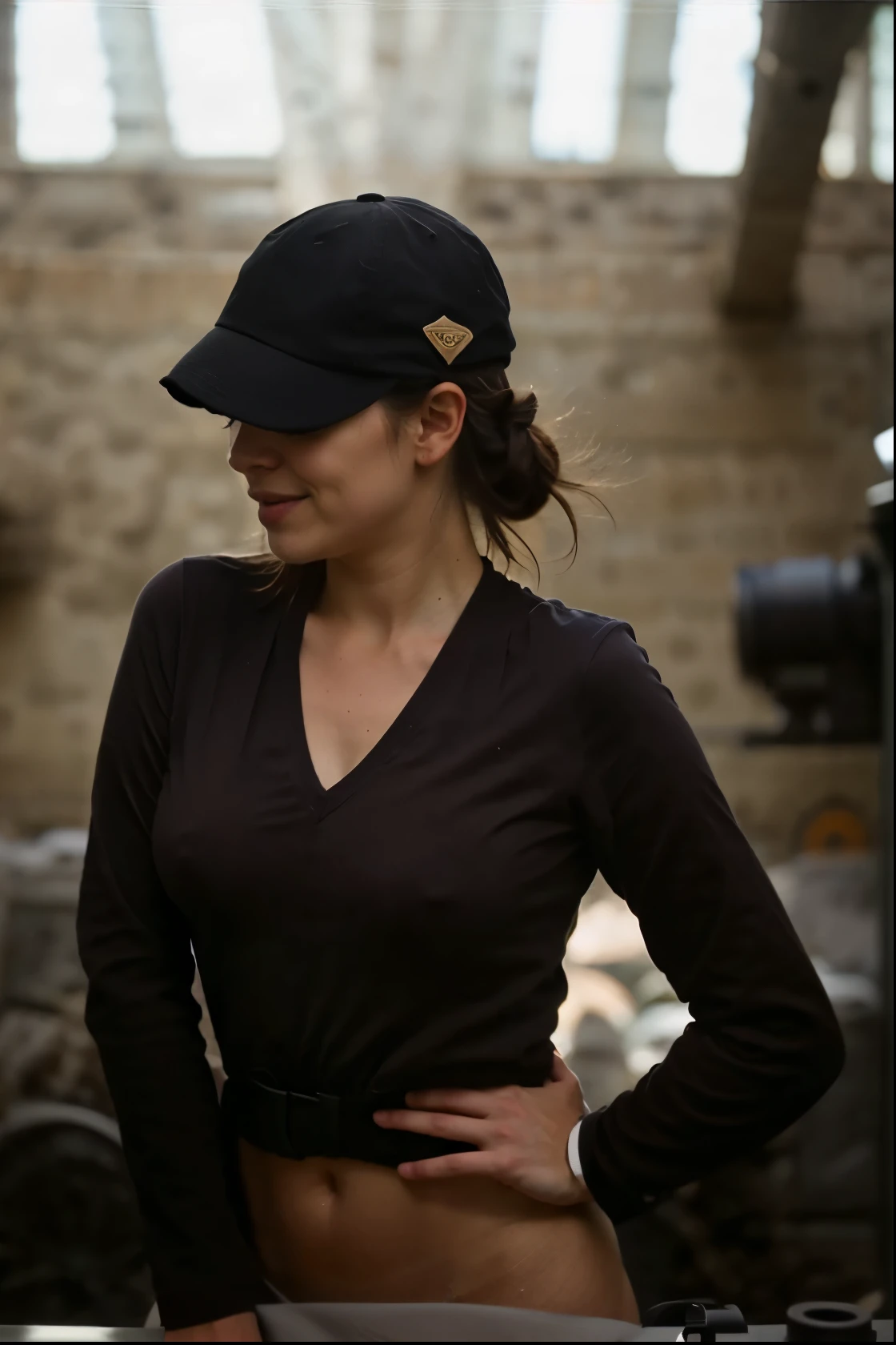 beautiful woman ,30 years old, dark bown eyes, dark brown hair, wearing black hat, perfect face, one beautiful woman, oval face, senseful lips, big brown eyes, 30 years old, slim sporty body, middle size breast, front view, wide angle, no text, sunny weather, backgorund blurred, sefie shot, cinematic lighting, motion blur, film grain, very detailed, 30 years, natural wave hair, dark brown eyes, high-res, masterpiece, best quality, intricate details, highly detailed, sharp focus, detailed skin, realistic skin texture, texture, detailed eyes, professional, 4k, 85mm, shallow depth of field, kodak color vision, perfect fit body, extremely detailed, photo_\(ultra\), photorealistic, realistic, post-processing, maximum detail, roughness, real life, ultra realistic, photorealism, photography, 8k uhd, photography (grain of film) medium shot for closeup shot