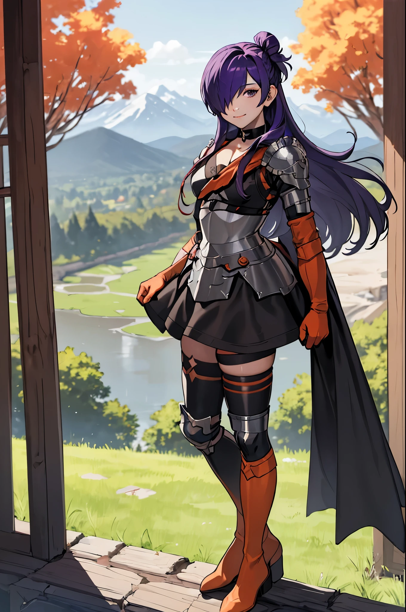 masterpiece, best quality, shez, hair over one eye, choker, armor, cape, black dress, single glove, thighhighs, armored legwear, orange boots, from side, standing, whole body, looking at viewer, smile, closed mouth, trees, mountains