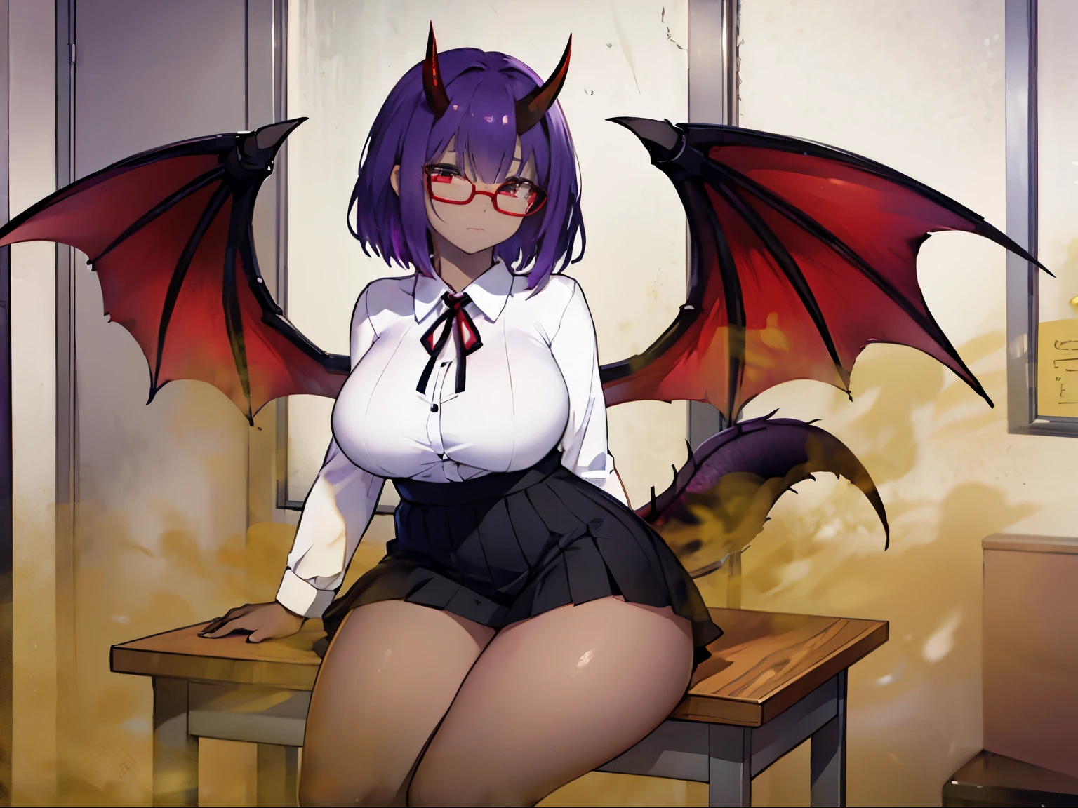 devil horns, red eyes, in the classroom, Mind control by a succubus, Sexy latex strip, 3P sex, with devil&#39;s wings, Inverted cross necklace, big bust, 