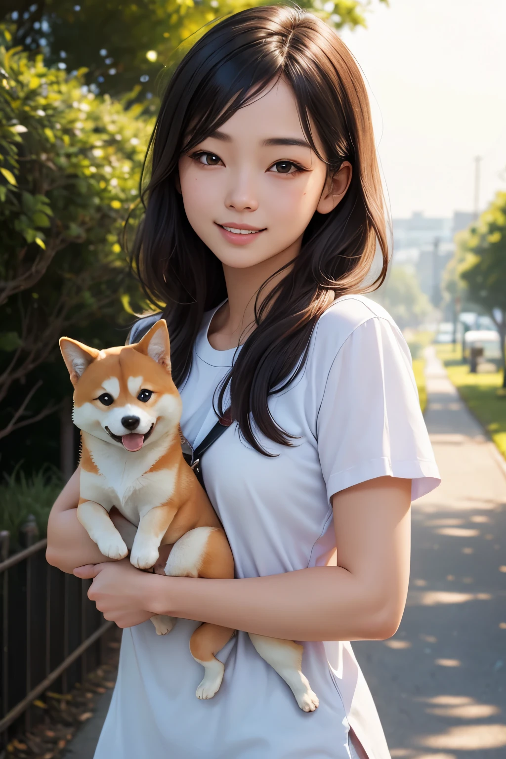 (Details of a very cute face), (highest quality:1.4), 8K resolution, High resolution, 1 girl, pretty girl, Best cute, Super cute detailed face, smooth skin, Beautiful eyes with attention to detail, Fine skin texture, , parted lips, Japanese, low length, casual fashion, smile, Shiba Inu puppy, lead, Walking a Shiba Inu puppy, grassland